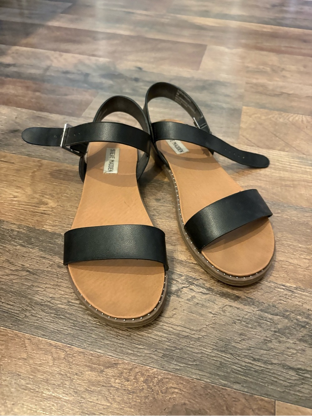 Steve Madden Black and Tan Two-Strap Slingback Sandals